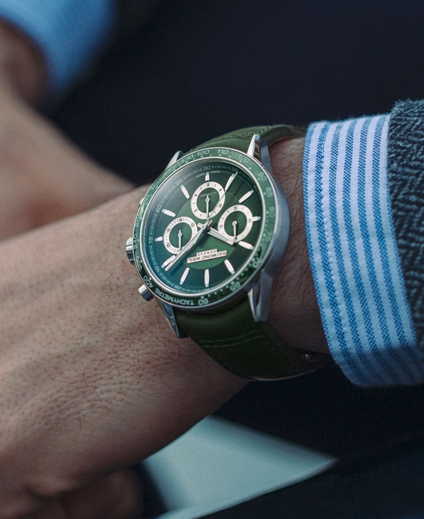 Мужские часы Raymond Weil Swiss Automatic Chronograph Freelancer Green Leather Strap Watch 43.5mm — фото 5