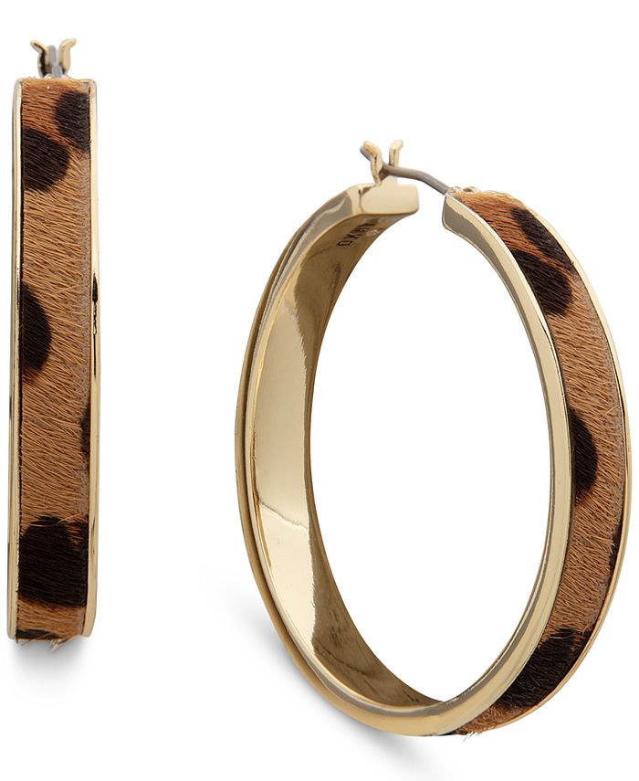 DKNY Gold Tone Medium Leopard Print Leather Hoop Earrings 1.6