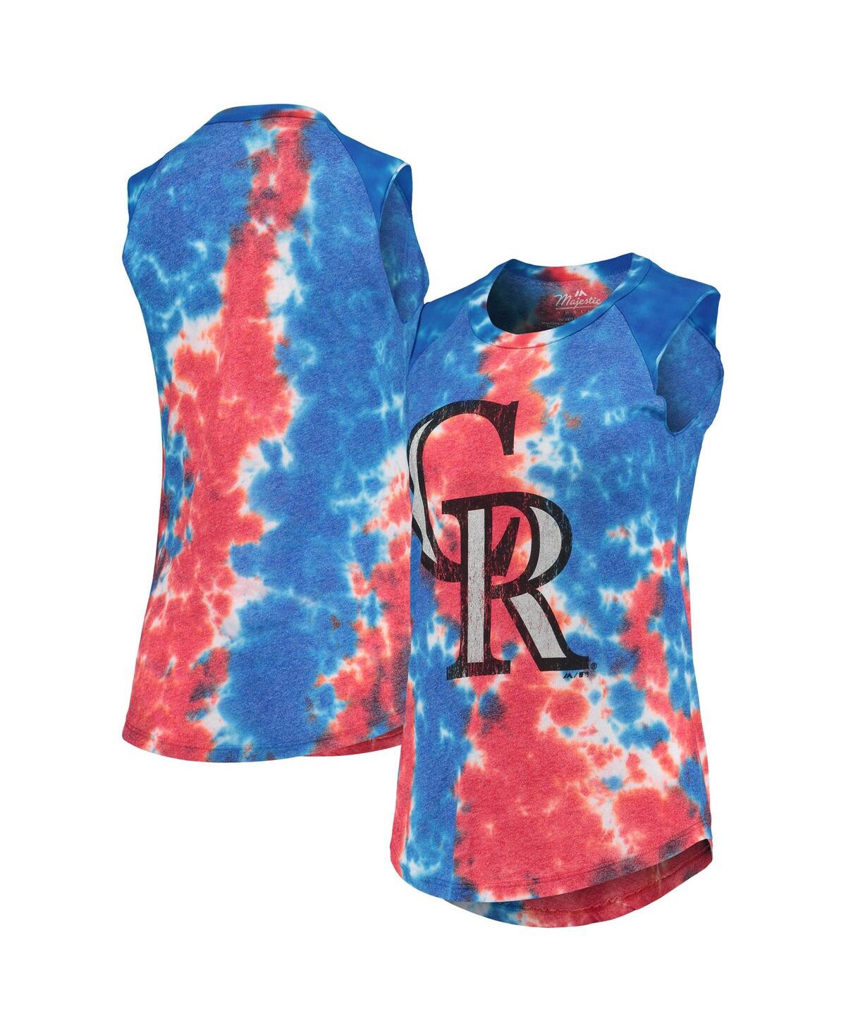 Women's Majestic Threads Red and Blue Colorado Rockies Tie-Dye Tri-Blend Muscle Tank Top - Red, Blue