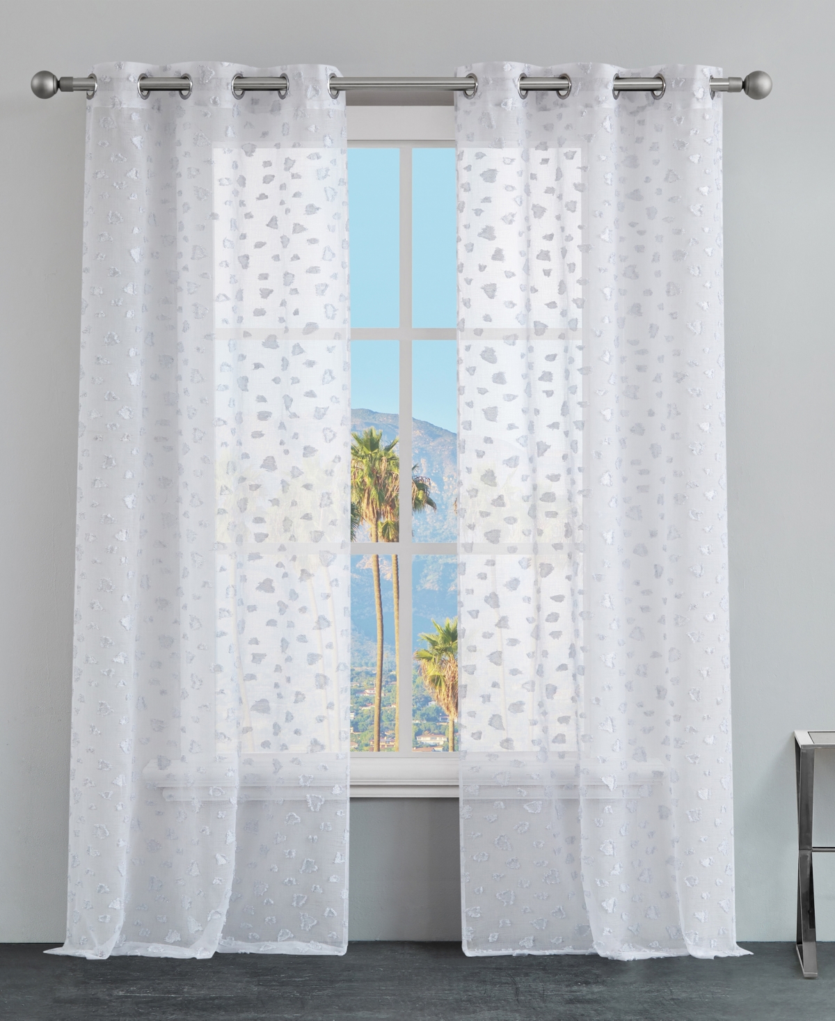 Ethel Leopard Embellished Sheer Grommet Window Curtain Panel Set, 38" x 84" - Black
