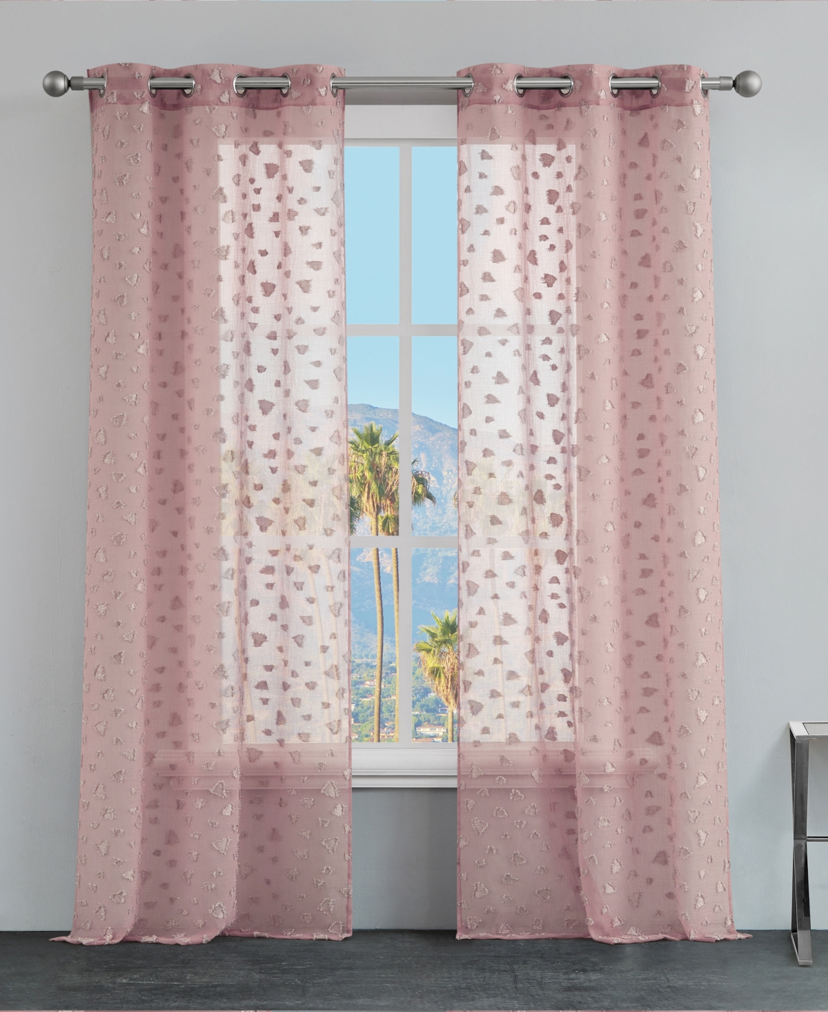 Ethel Leopard Embellished Sheer Grommet Window Curtain Panel Set, 38" x 84" - Black
