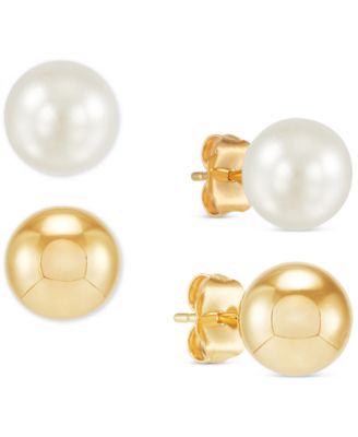 Macy's - 2-Pc. Set Cultured Freshwater Pearl (9mm) & Polished Gold Ball Stud Earrings  in 14k Gold