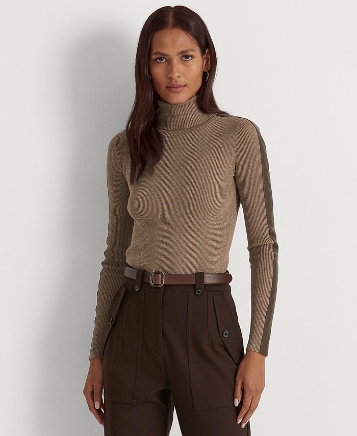 Lauren Ralph Lauren Faux-Leather-Trim Turtleneck Sweater - Macy's
