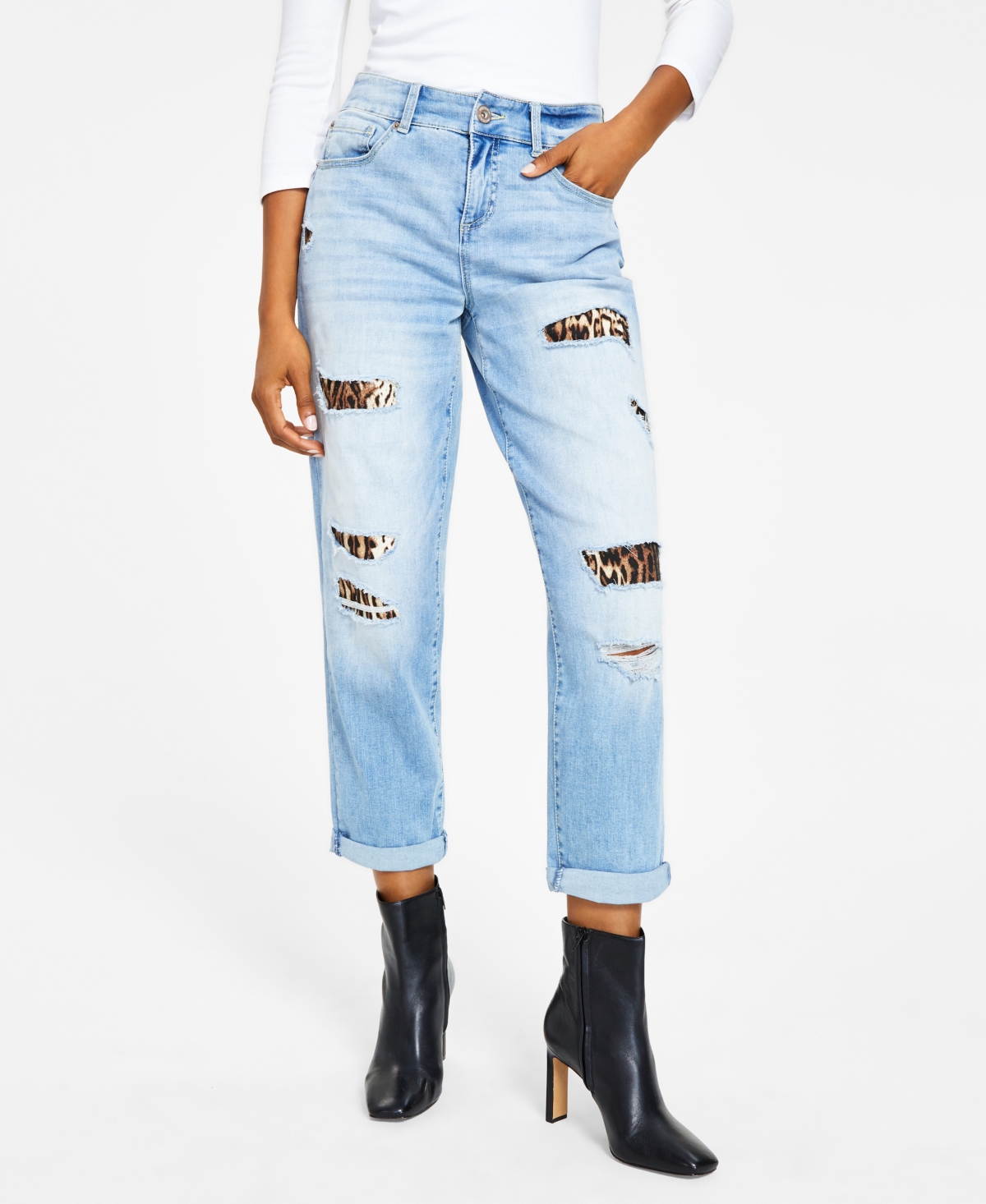  Inc International Concepts Women's High Rise Ripped Leopard Boyfriend Jeans, Regular & Petite, Created for Macy's