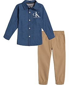 Toddler Boys Pre-Washed Denim Logo Button-Front Shirt and Twill Joggers, 2 Piece Set