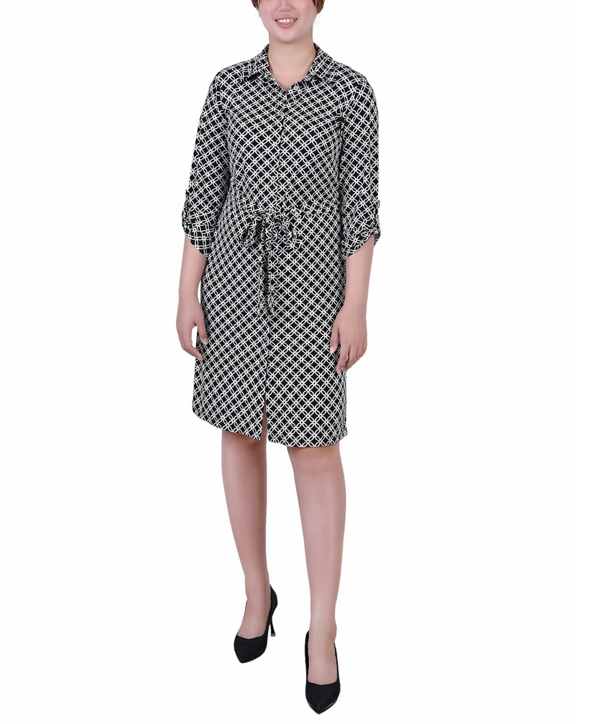 Ny Collection Petite Geometric Printed Long Sleeve Roll Tab Shirtdress In Black White Iconic