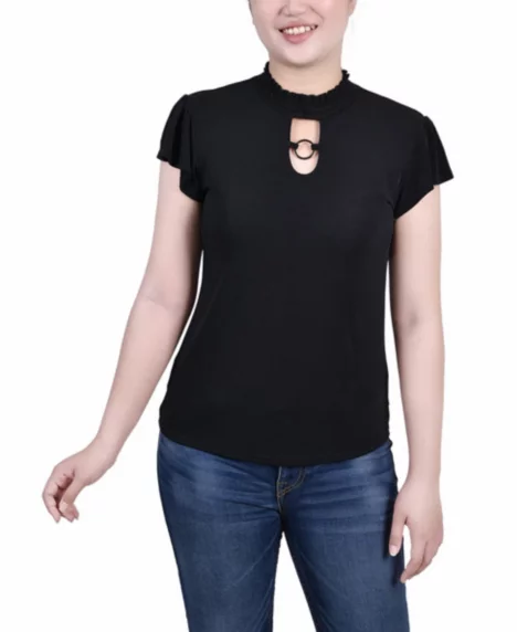 Petite Size Short Flutter Sleeve Mock Neck Top - Black