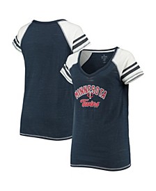 Women's Navy Minnesota Twins Curvy Colorblock Tri-Blend Raglan V-Neck T-shirt