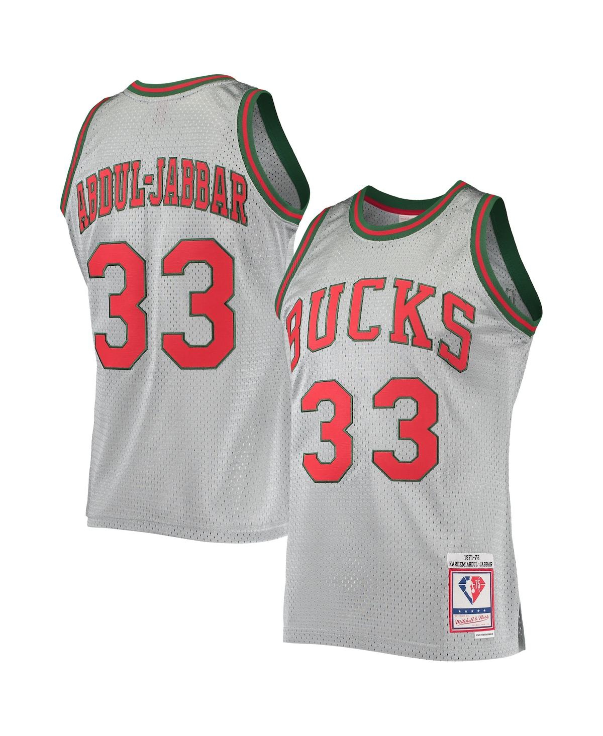 Mitchell Ness Men s Mitchell Ness Kareem Abdul Jabbar Silver Milwaukee Bucks 75th Anniversary 1971 72 Hardwood Classics Swingman Jersey Silver Smart Closet