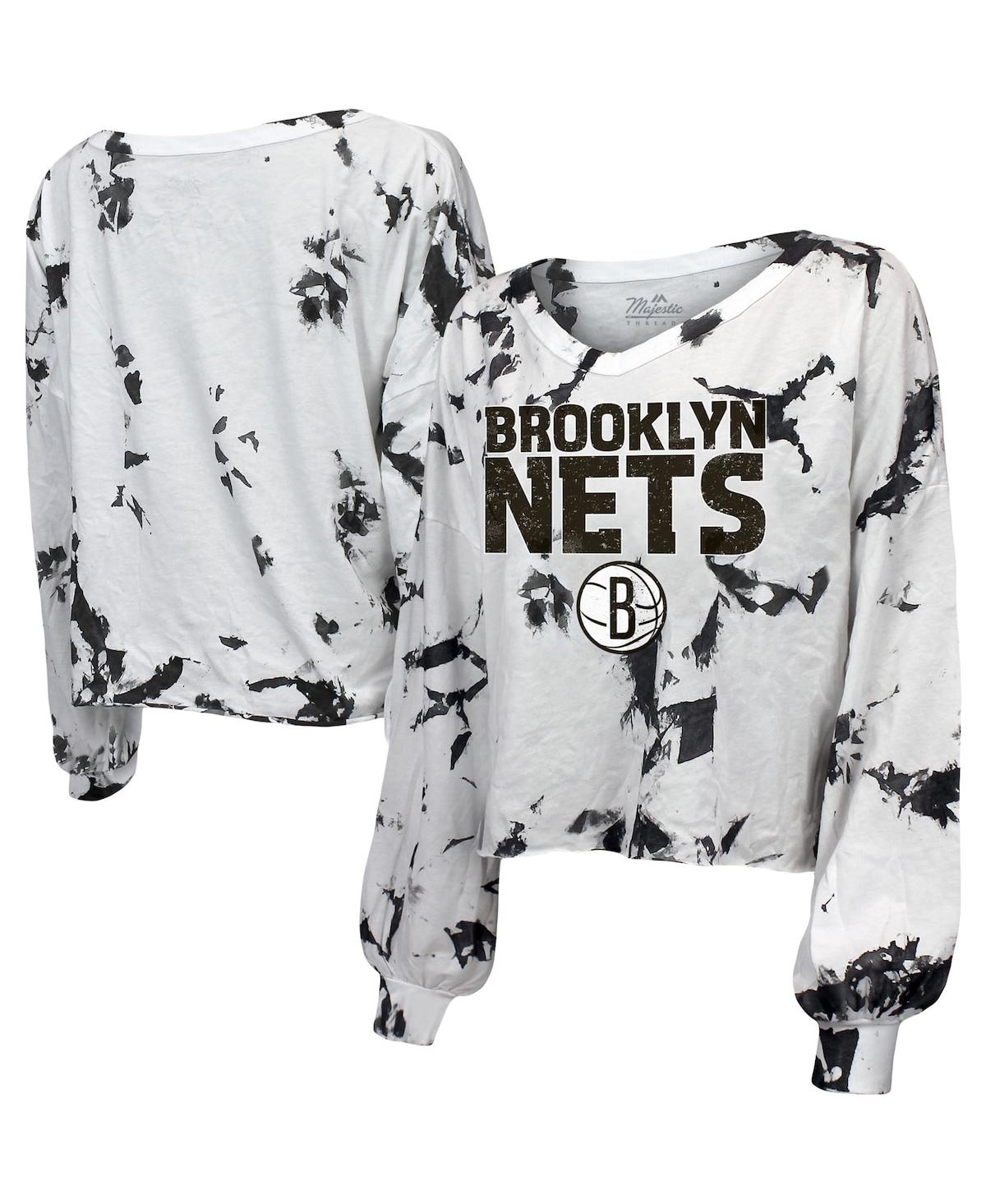 Shop Majestic Women's  Threads White And Black Brooklyn Nets Aquarius Tie-dye Cropped V-neck Long Sleeve T In White,black