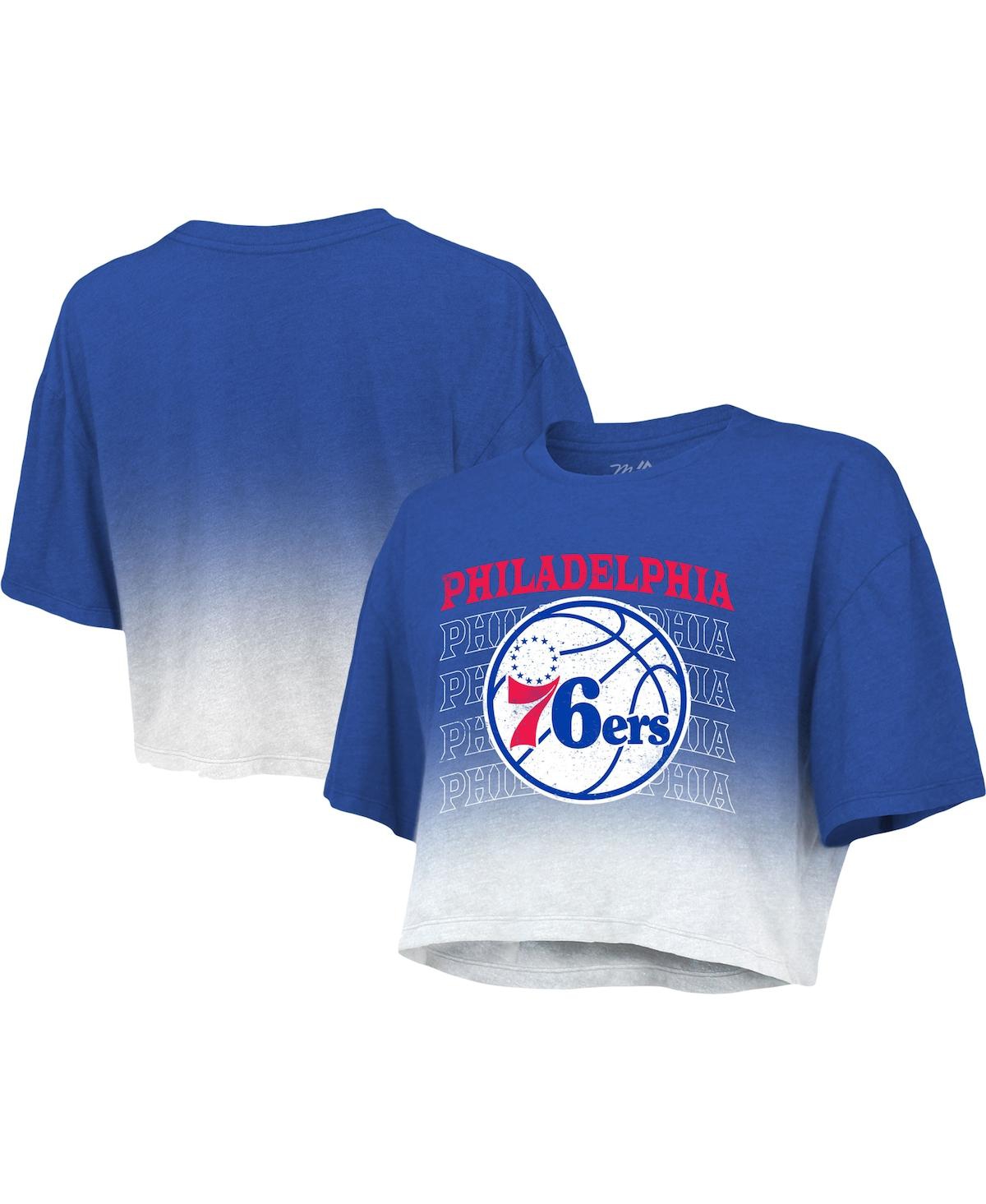 Shop Majestic Women's  Threads Royal And White Philadelphia 76ers Repeat Dip-dye Cropped T-shirt In Royal,white