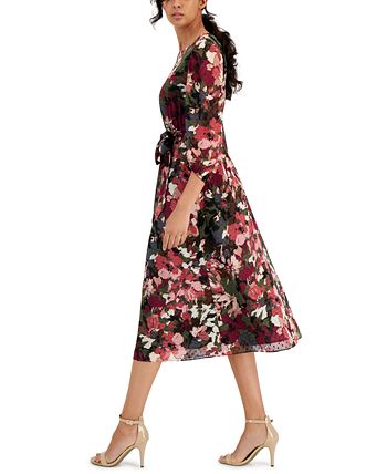 Anne Klein Women's Puff-Sleeve Floral-Print Midi Dress & Reviews ...
