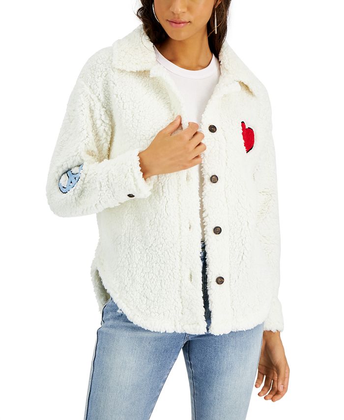Almost Famous Crave Fame Juniors' Patch-Trimmed Button-Up Sherpa ...