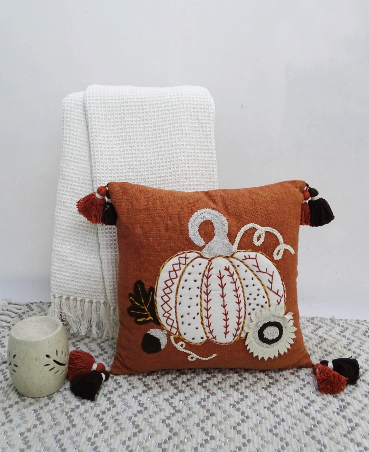 Vibhsa Pumpkin Tassels Harvest Pillow, x - Ivory, Black