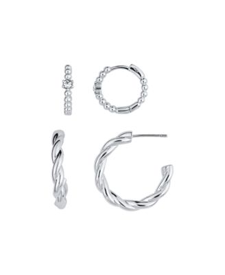 And Now This Duo Crystal and High Polished Earring Hoop Set of 2 - Silver Plated 24$