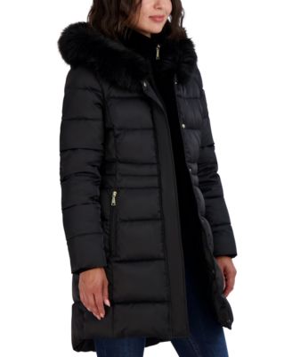 Womens Velvet Bibbed Faux-Fur Hooded Puffer Coat