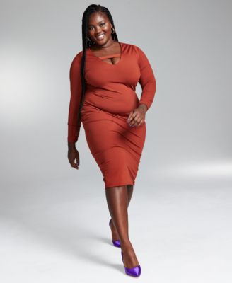 Bar III - Plus Size Bodycon Long-Sleeve Peekaboo Midi Dress