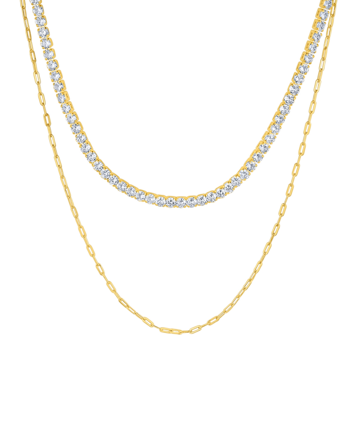 Double Row Chain with Cubic Zirconia Tennis Necklace and Clip Chain Necklace - Gold Plated