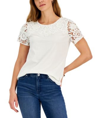 Petite Lace Yoke Short Sleeve Top Created for Macy s