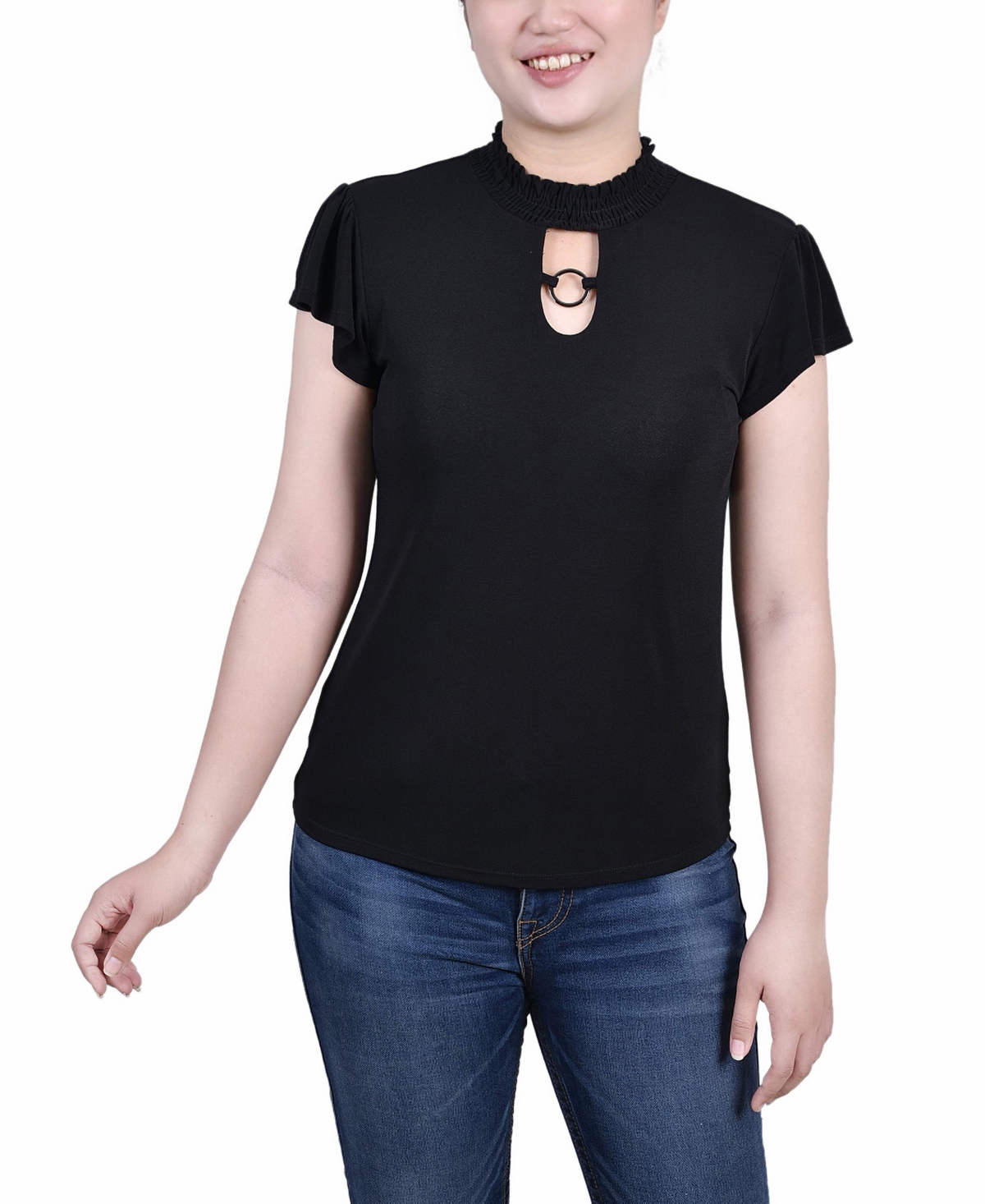 Ny Collection Petites Womens Smocked Mock Collar Keyhole Pullover Top In Black