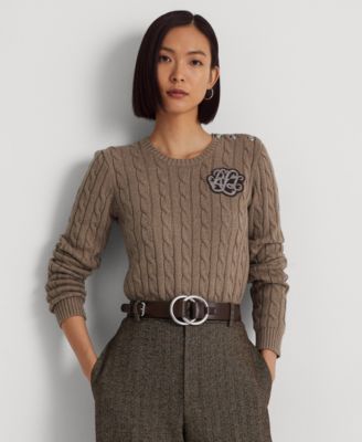 Lauren Ralph Lauren Button-Trim Cable-Knit Sweater, Regular \u0026 Petite - Truffle Heather - Size P/M