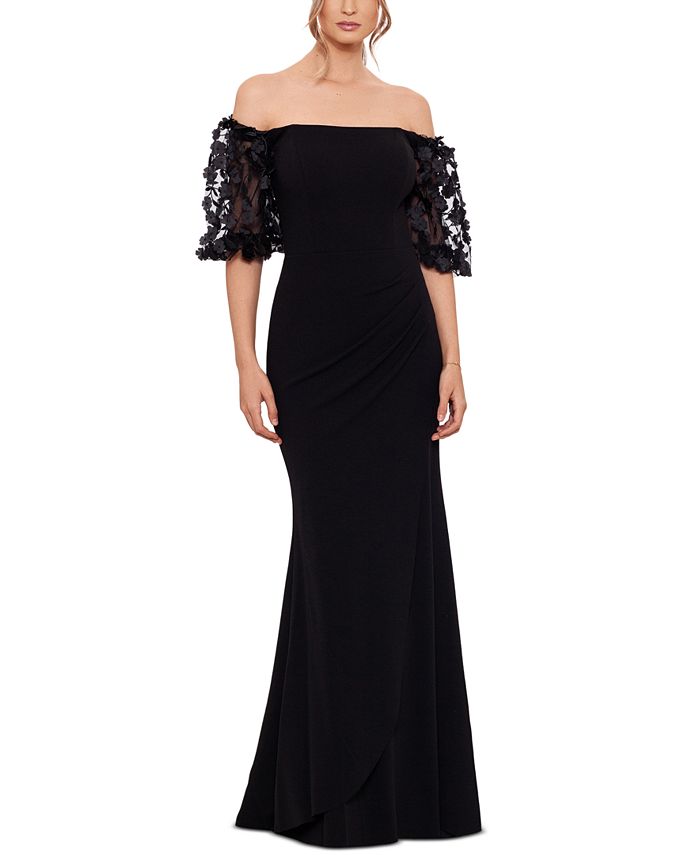 XSCAPE Off-The-Shoulder Floral-Sleeve Gown - Macy's