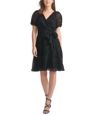 DKNY Velvet-Dot Faux-Wrap Dress - Macy's