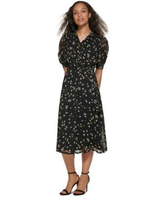 DKNY Floral-Print Puff-Sleeve Midi Dress - Macy's