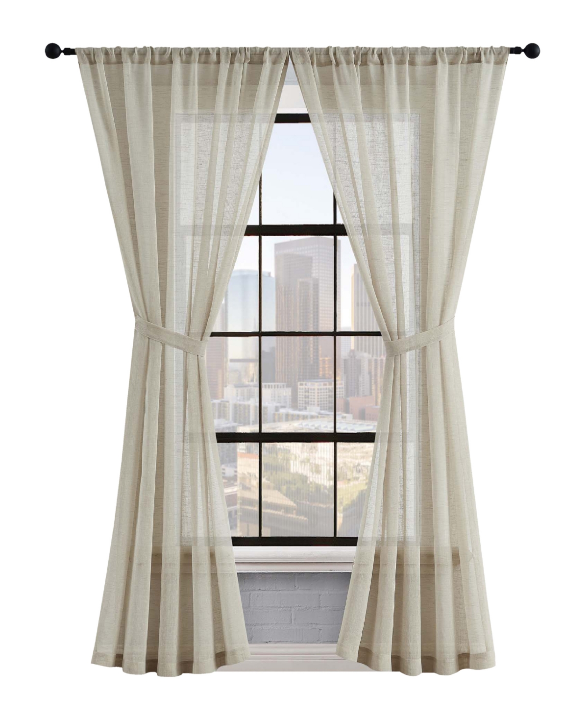 LUCKY BRAND ONYX TEXTURED SHEER VOILE LIGHT FILTERING ROD POCKET WINDOW CURTAIN PANEL PAIR WITH TIEBACKS, 52" X 