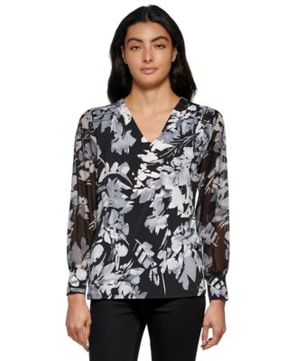 Calvin Klein - Women's V-Neck Printed Chiffon Sleeve Blouse