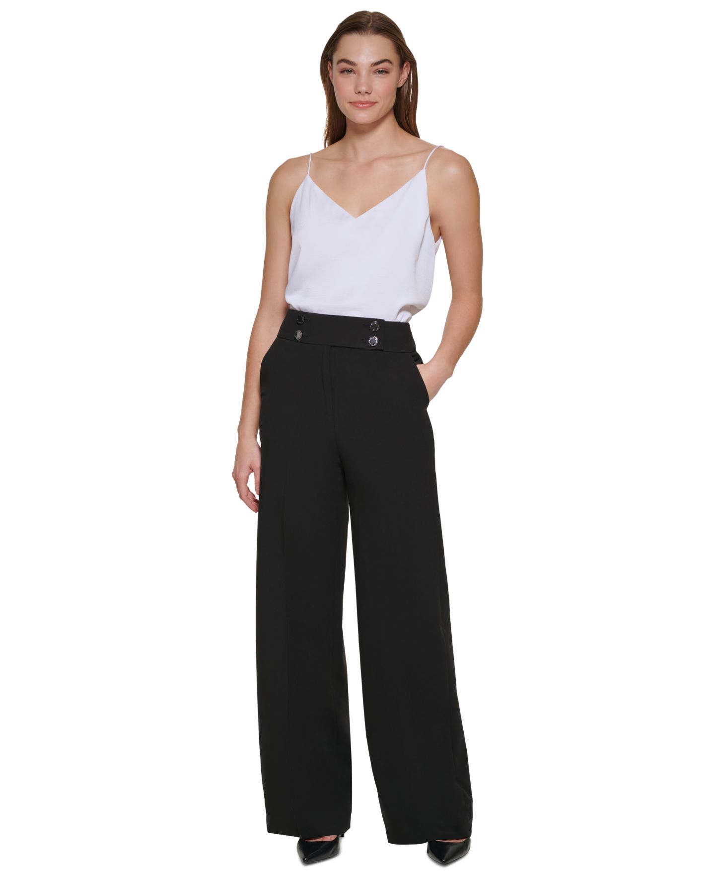 Женские брюки Calvin Klein Whitney Button-Front Wide-Leg, цвет: Чёрный — фото 2