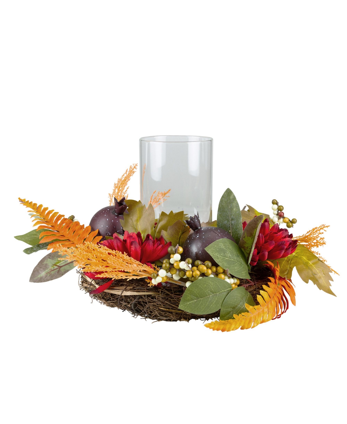 Mums with Pomegranate Fall Candle Holder Centerpiece, 22" - Red