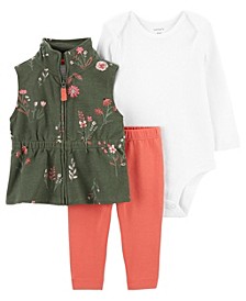 Baby Girls Floral Short Sleeves Vest, Bodysuit and Leggings, 3-Piece Set