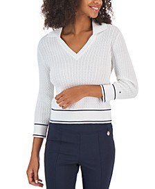 Women's Cotton Johnny-Collar Cable-Knit Sweater