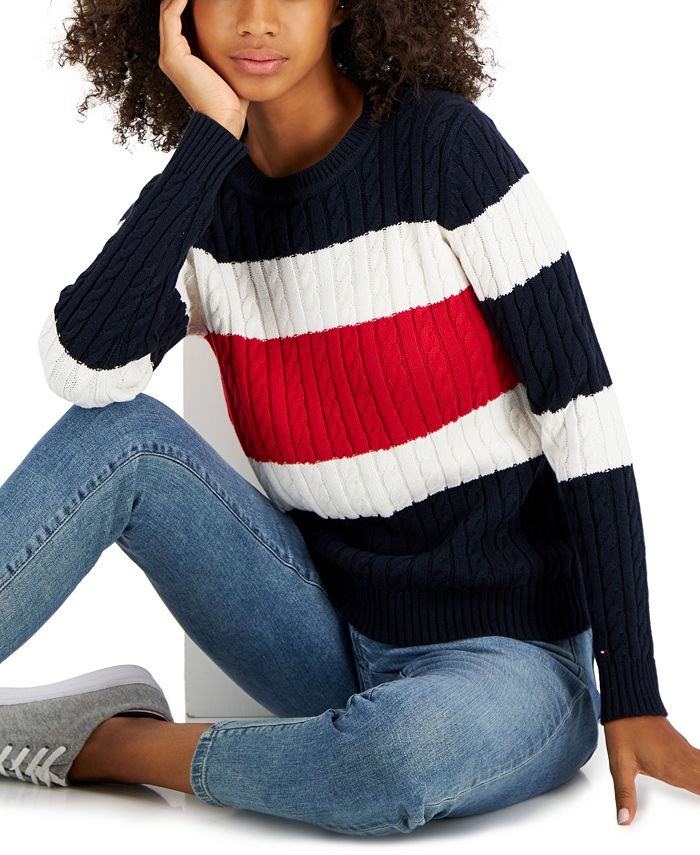 Sympatisere Far krabbe Tommy Hilfiger Women's Cotton Striped Cable-Knit Sweater - Macy's