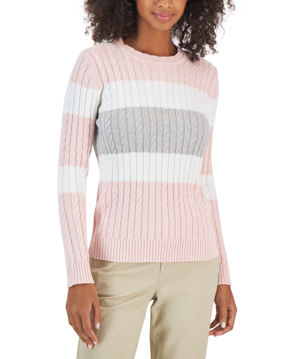 Tommy Hilfiger Women's Flag Logo Colorblocked Cotton Cable-Knit Sweater