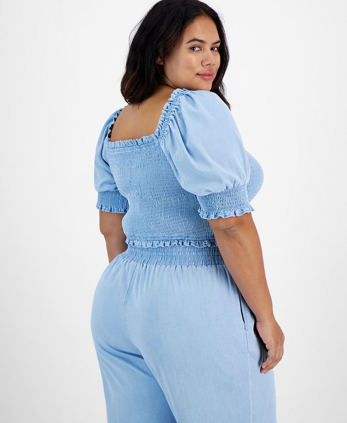 Bar III Plus Size Chambray Smocked PuffSleeve Crop Top, Created for
