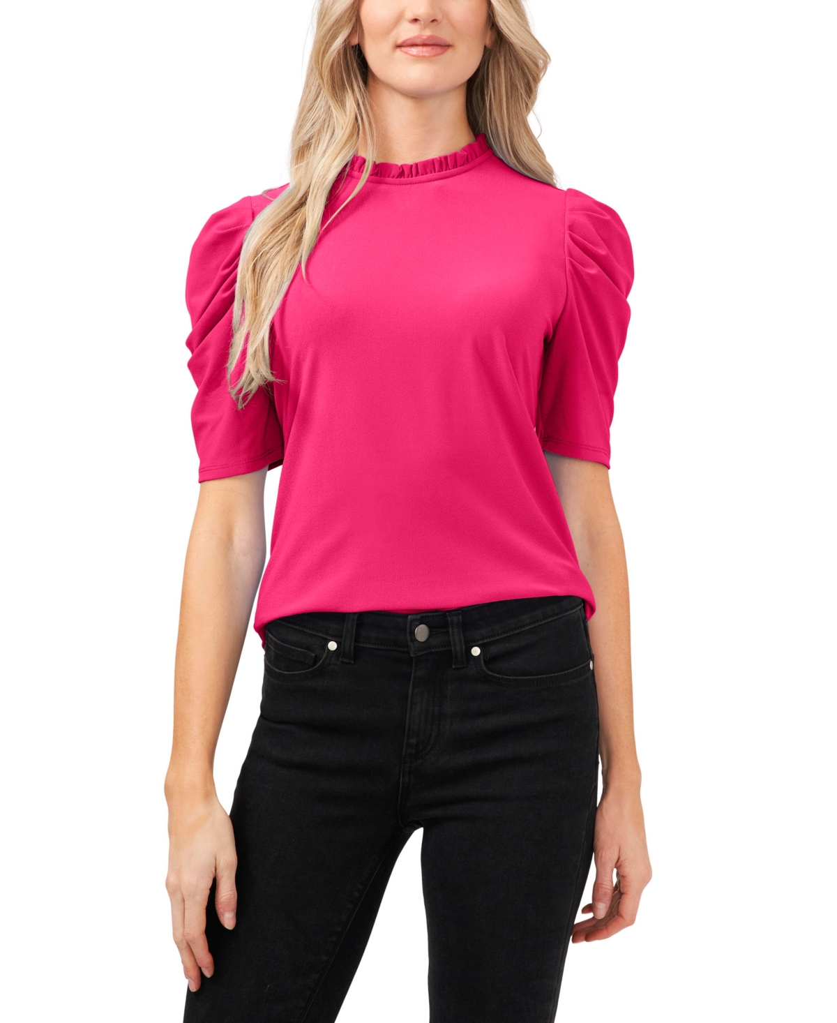 Cece Puff Sleeve Crepe Top In Bright Rose