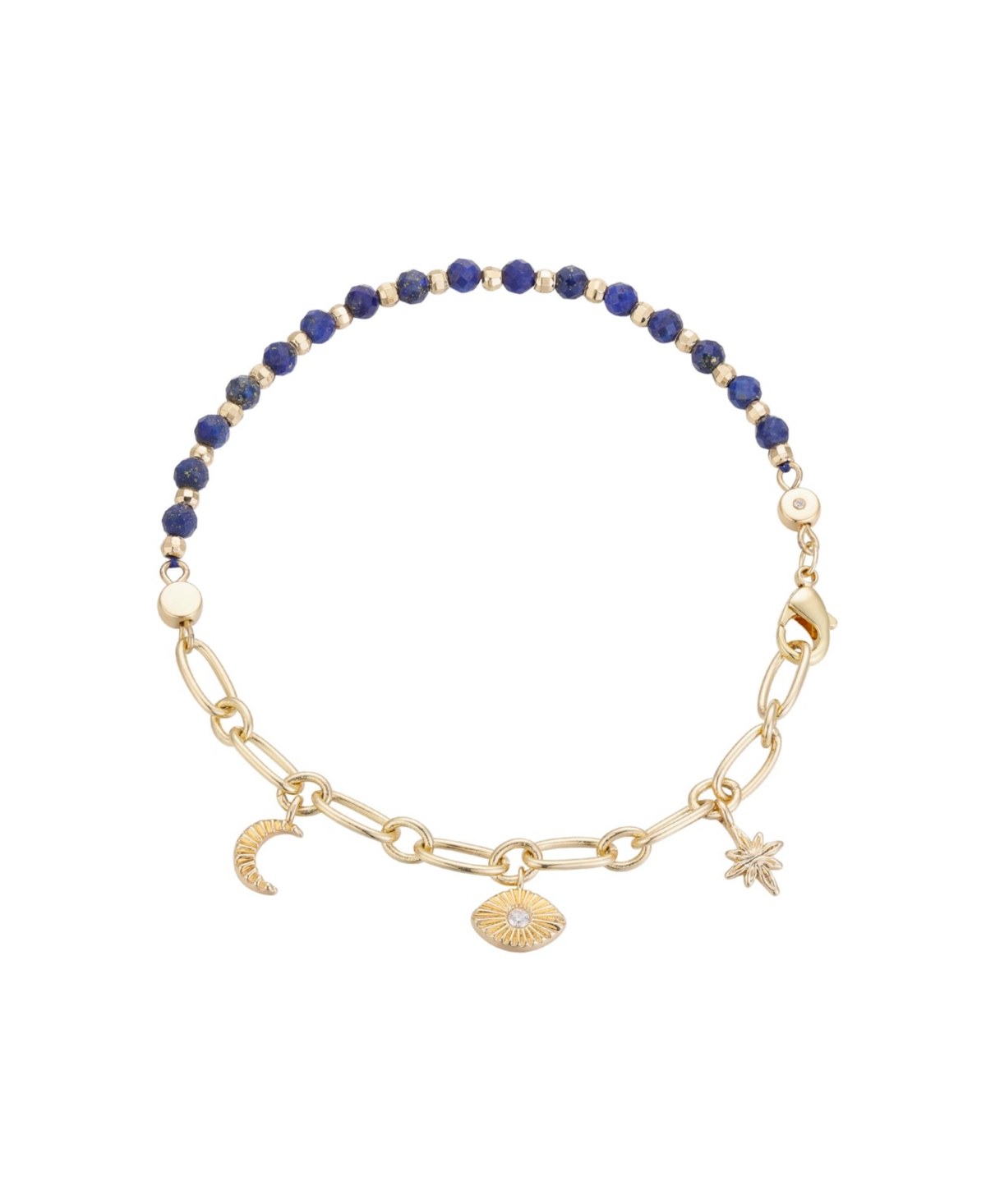 Cubic Zirconia Evil Eye, Moon and Star Bead Chain Bracelet - Gold-Plated