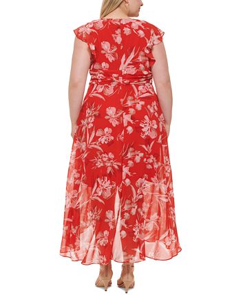 Jessica Howard Plus Size Floral Print Flutter Sleeve Tie Waist