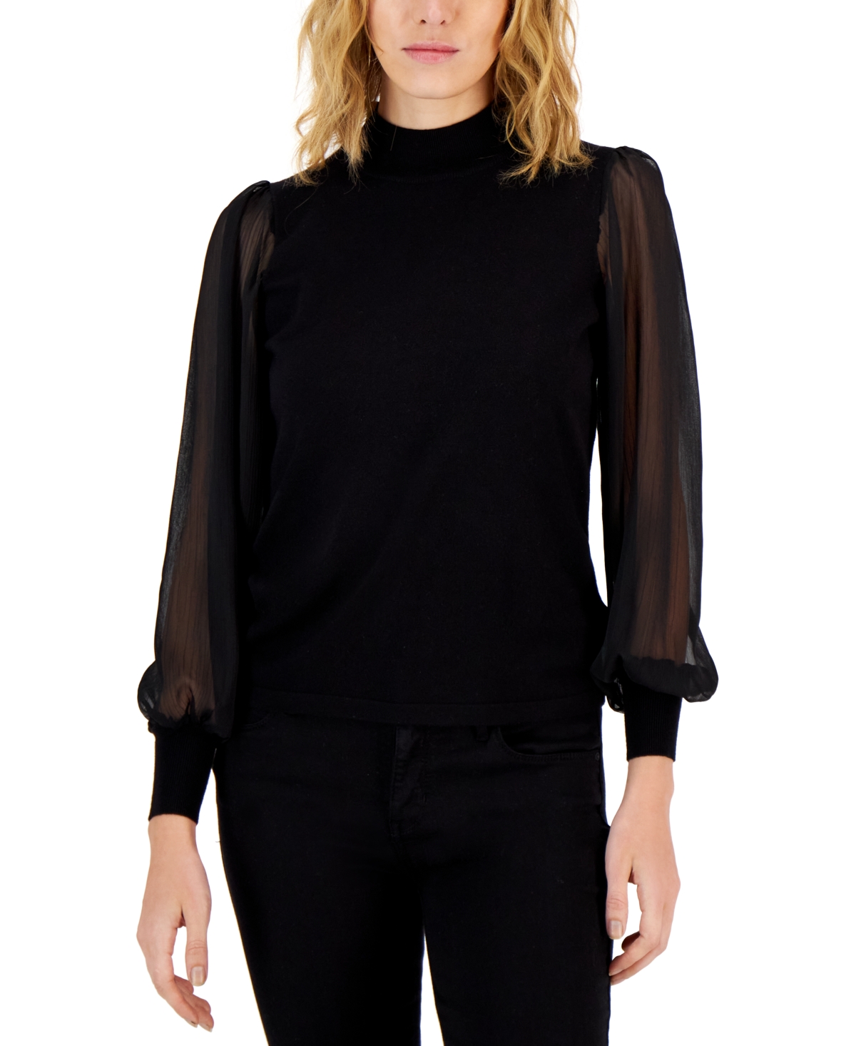 T Tahari Women's Mock-neck Sheer Blouson-sleeve Sweater In Black