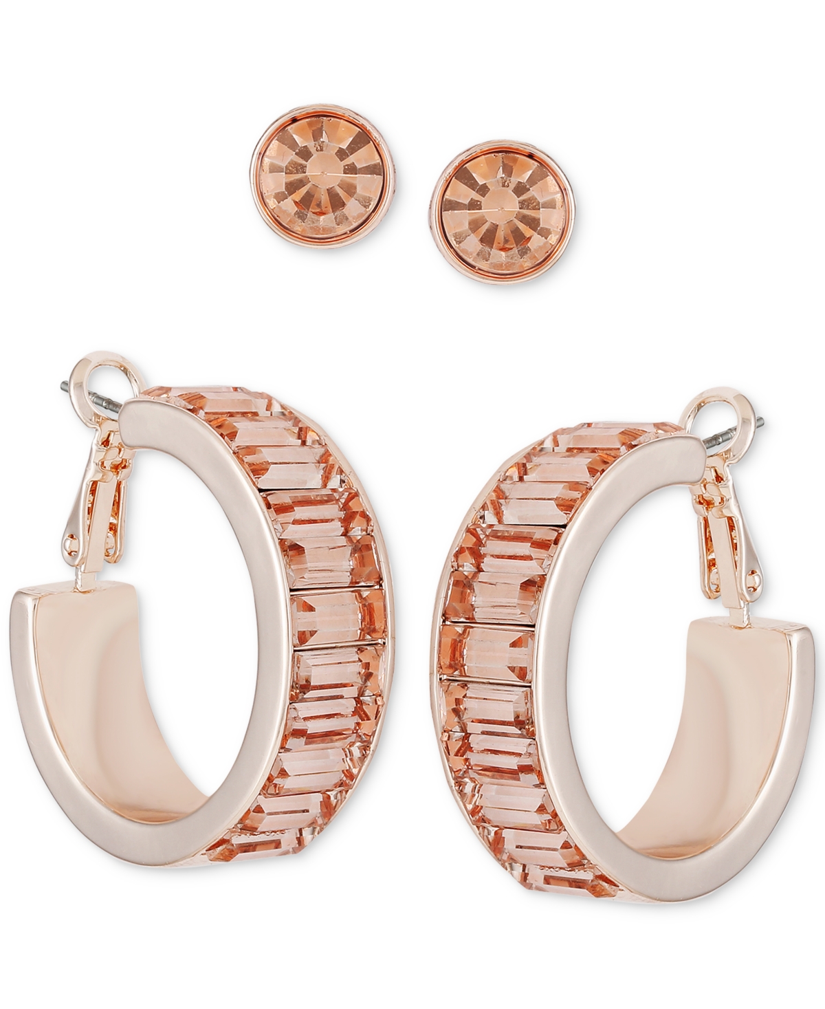 Guess Rose Gold Tone 2 Pc. Set Crystal Stud Baguette Crystal Hoop Earrings Smart Closet