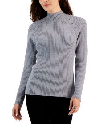 Fever Women's Mock-Neck Ribbed Grommet-Trim Sweater - Macy's