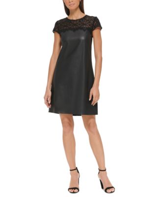 kensie - Women's Lace-Trim Faux-Leather Shift Dress