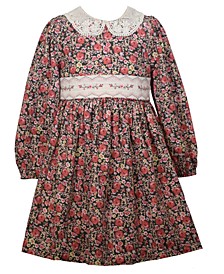 Little Girls Long Sleeved Floral Dress with Embroidered Insert and Lace Collar