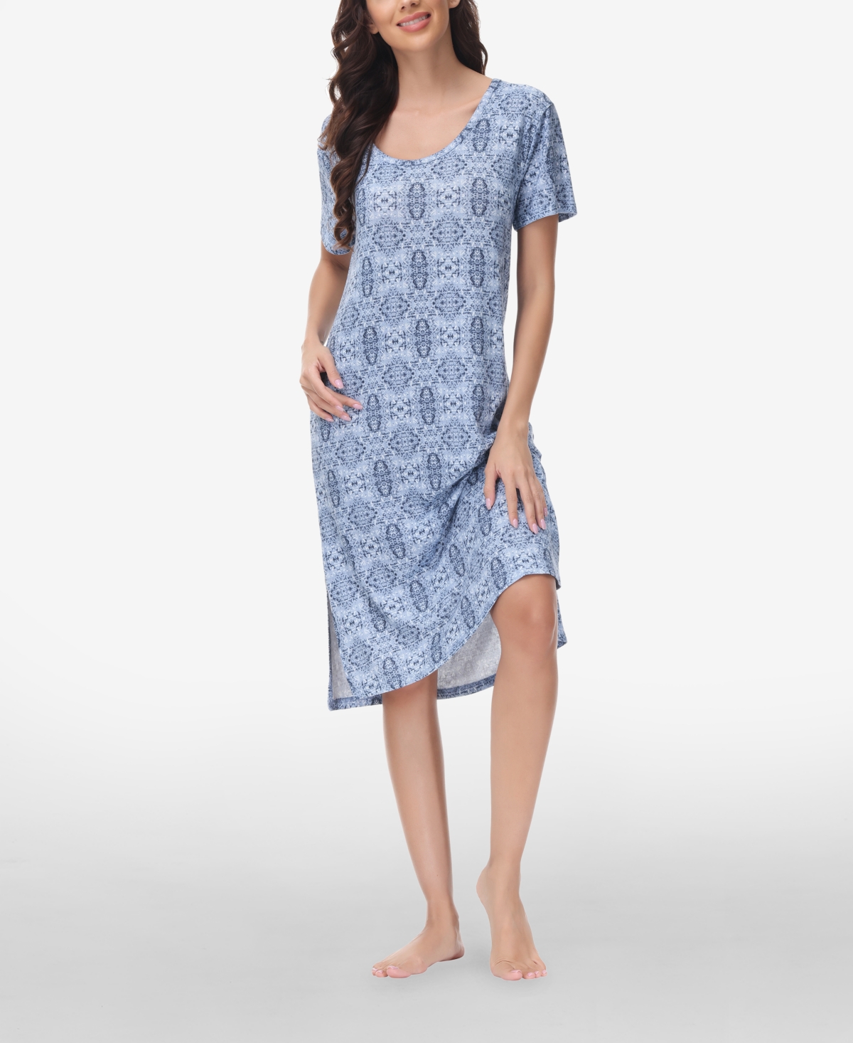 Ink+Ivy Women's Printed Short Sleeve Side Slit Sleep Dress High Point Shoulder