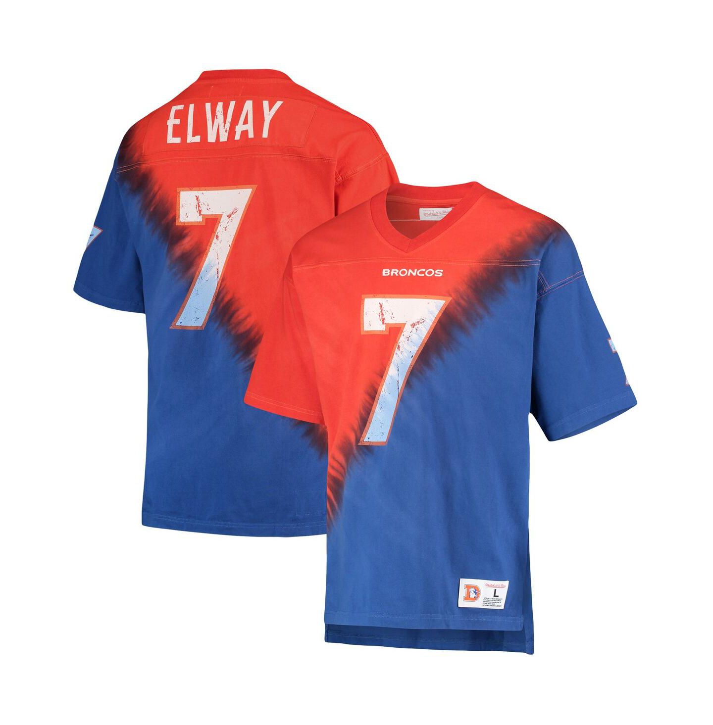 Мужская футболка Mitchell & Ness John Elway Orange, Royal Denver Broncos Retired Player Name and Number Diagonal Tie-Dye V-Neck — фото 2