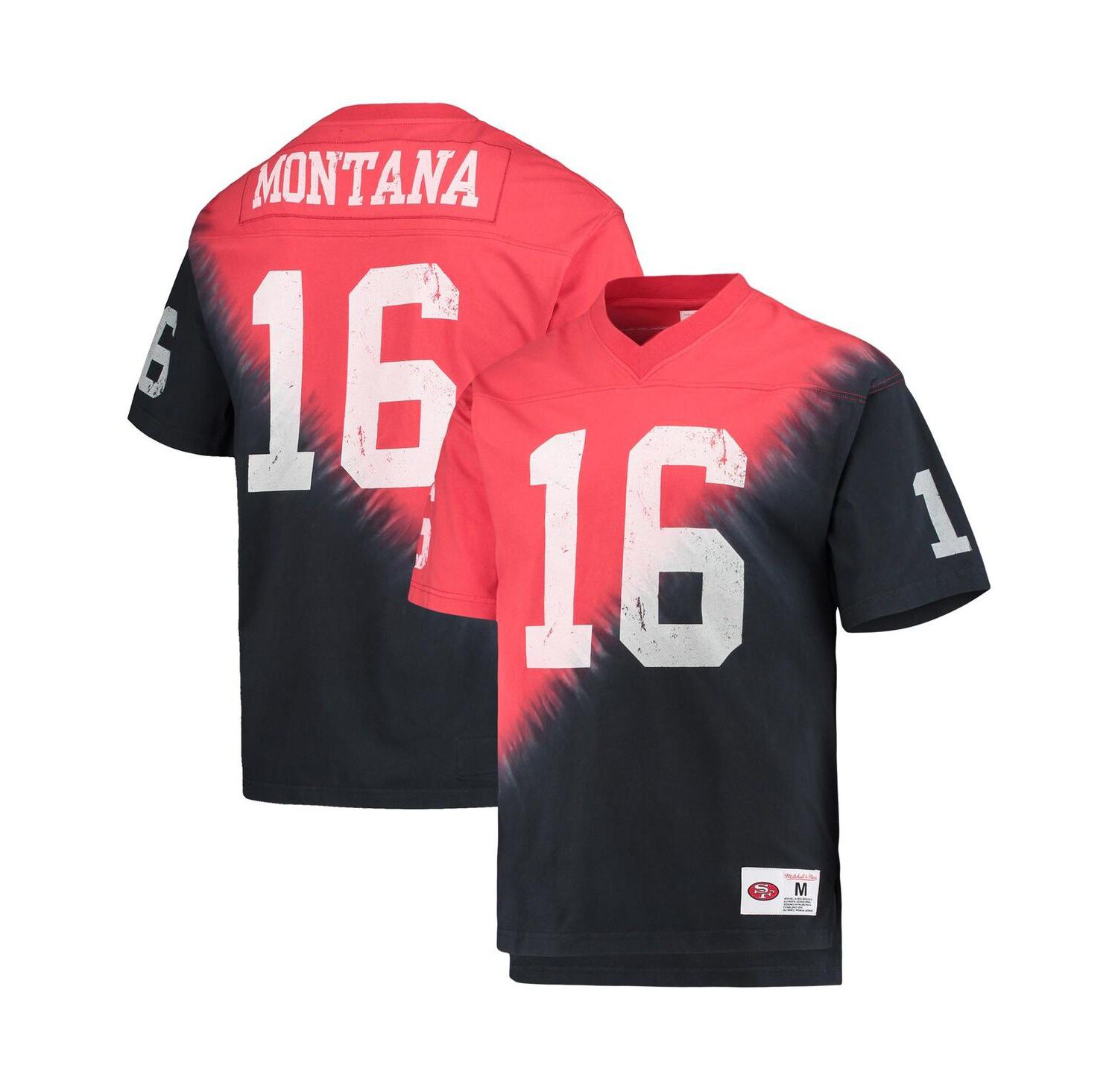 Men's Joe Montana Black, Red San Francisco 49ers Retired Player Name & Number Diagonal Tie-Dye V-Neck T-shirt