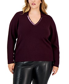 Plus Size Sequin-Trim V-Neck Collared Sweater 