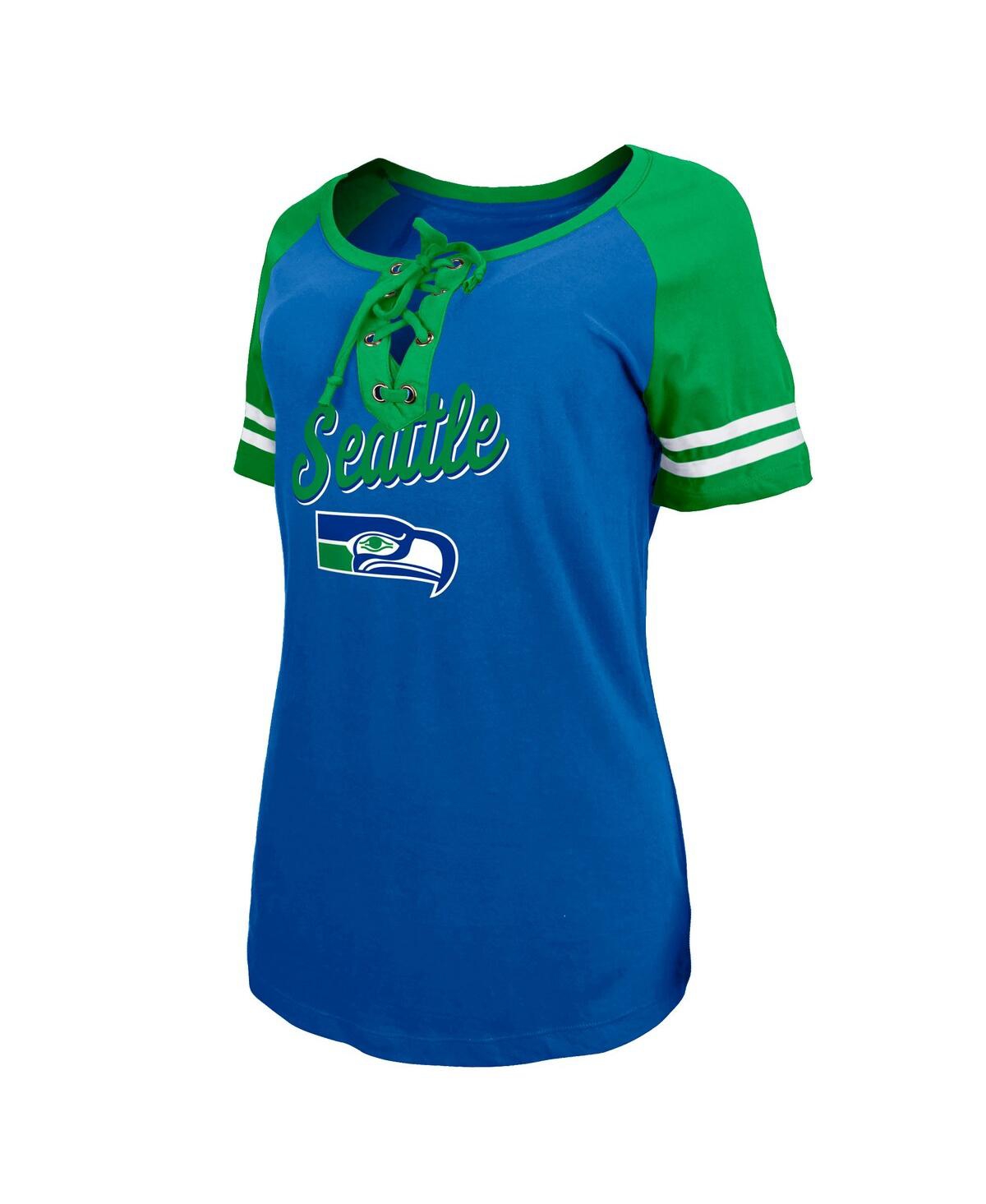 NEW ERA WOMEN'S NEW ERA ROYAL, GREEN SEATTLE SEAHAWKS LEGACY LACE-UP RAGLAN T-SHIRT 
